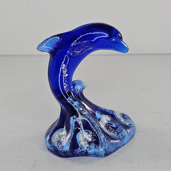 Fenton Art Glass Figurine Cobalt Blue Dolphin On Wave 4" Signed Hand Painted - Picture 2 of 10